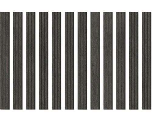 Vertikal väggbeklädnad i antracit med strukturerad yta och längsgående spår.