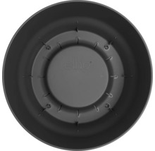 Vy uppifrån på insidan av en rund elho blomkruka i plast med dräneringshål och elho Logo.