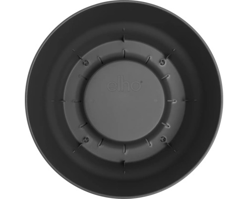 Vy uppifrån på insidan av en rund elho blomkruka i plast med dräneringshål och elho Logo.