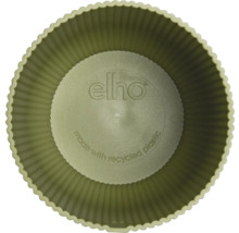 Vy ovanifrån av en rund elho blomkruka av återvunnen plast med räfflad insida och elho Logo.