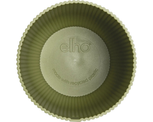 Vy ovanifrån av en rund elho blomkruka av återvunnen plast med räfflad insida och elho Logo.