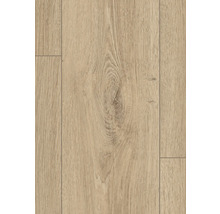 Laminatgolv i eklook med plankstruktur, synlig ådring och V-fog.