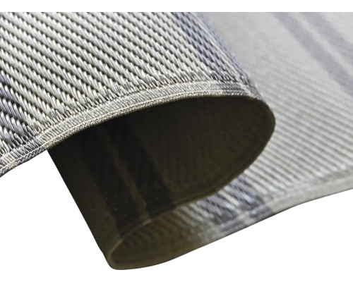 Detaljbild av en vävd plastmatta med kantad fåll.