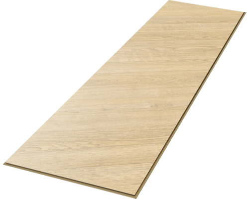 Enskild golvplanka i ljus ekimitation med synlig träådring och klicksystem.