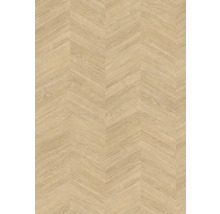 Golv i träoptik med franskt fiskbensmönster och naturlig ådring.