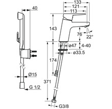 Teknisk ritning av en tvättställsblandare med bidédusch och detaljerade mått i millimeter.