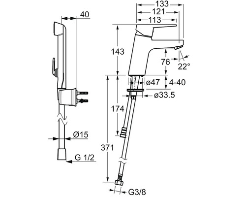 Teknisk ritning av en tvättställsblandare med bidédusch och detaljerade mått i millimeter.