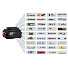 Bosch AMPShare 18 Volt batteri med logotyper från partners som FEIN, fischer och brennenstuhl, som visar systemkompatibilitet.