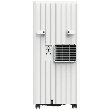Baksida av en mobil luftkonditionering med ventilationsgaller, kabelhållare och hjul.