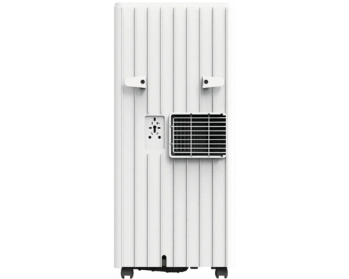 Baksida av en mobil luftkonditionering med ventilationsgaller, kabelhållare och hjul.