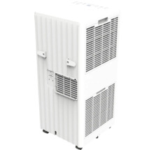 Mobil luftkonditionering i vitt med ventilationsgaller, kabelhållare, kontrollpanel på ovansidan och hjul.