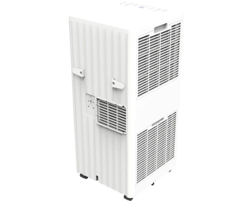 Mobil luftkonditionering i vitt med ventilationsgaller, kabelhållare, kontrollpanel på ovansidan och hjul.