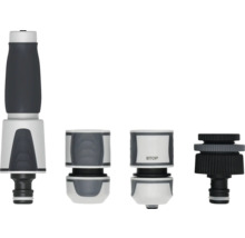 Anslutningsset för trädgårdsslang bestående av strålmunstycke, slangkoppling, vattenstopp och krankoppling.