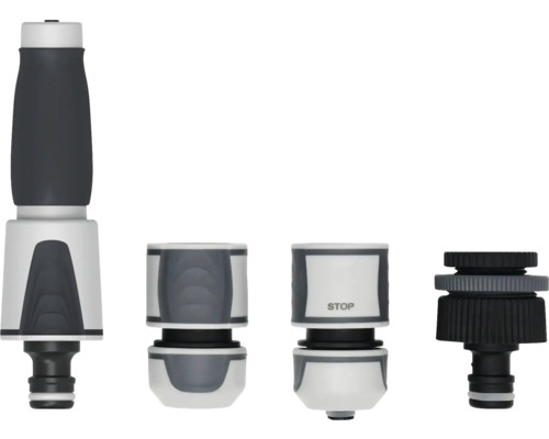 Anslutningsset för trädgårdsslang bestående av strålmunstycke, slangkoppling, vattenstopp och krankoppling.