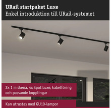 URail startpaket Luxe med svart skena och fyra spotlightar monterade i taket. Passar för GU10-ljuskällor.