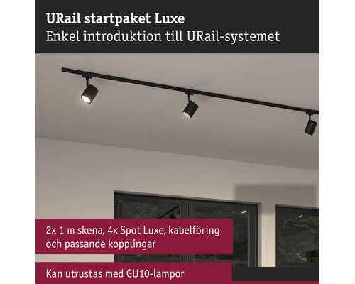 URail startpaket Luxe med svart skena och fyra spotlightar monterade i taket. Passar för GU10-ljuskällor.