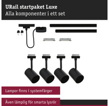URail startpaket Luxe innehållande fyra svarta spotlights, två skenor, strömanslutning och monteringstillbehör.