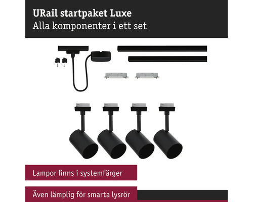 URail startpaket Luxe innehållande fyra svarta spotlights, två skenor, strömanslutning och monteringstillbehör.