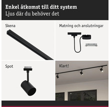 Översikt av ett skensystem bestående av svart strömskena, anslutning, spotlight och färdig takinstallation.