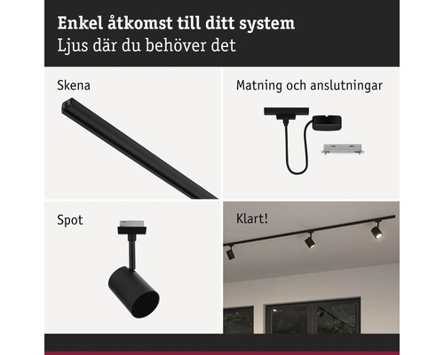 Översikt av ett skensystem bestående av svart strömskena, anslutning, spotlight och färdig takinstallation.