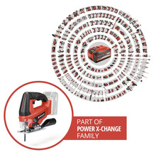 Einhell batteridriven sticksåg som en del av Power X-Change-familjen med en översikt över många kompatibla verktyg.