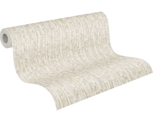 Non-woventapet med stenlook i ljusbeige, strukturerad yta, tapetrulle.