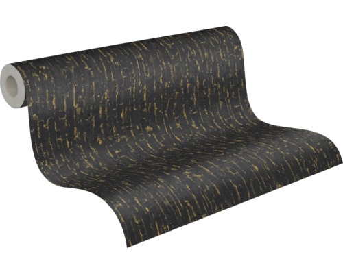 Non-woventapet med strukturerad yta och vertikalt mönster i svart och guld.