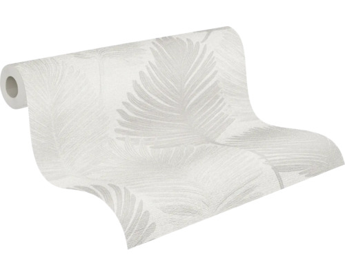 Non-woven tapet med fjädermotiv och strukturerad yta, delvis utrullad.