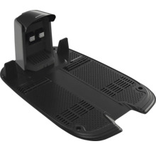 Laddstation för robotgräsklippare av svart plast med mönstrad bottenplatta och laddningskontakter.