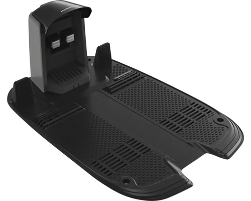 Laddstation för robotgräsklippare av svart plast med mönstrad bottenplatta och laddningskontakter.