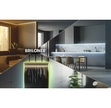 Briloner Logo i ett kollage som visar moderna vardagsrum, kök och garderob med accentbelysning genom LED strips.