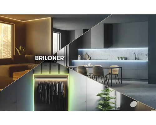 Briloner Logo i ett kollage som visar moderna vardagsrum, kök och garderob med accentbelysning genom LED strips.