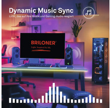 Gaming-setup med bildskärm inklusive Briloner Logo, högtalare och PC-chassi, med musiksynkroniserad smart LED-belysning.