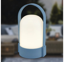 Blå bärbar LED-utomhuslampa med vit rundad skärm och bärhandtag.
