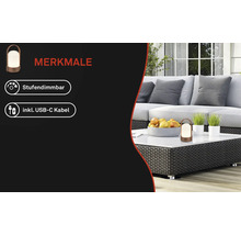 Bärbar LED-utomhuslampa på ett loungebord med funktioner för stegvis dimring och inklusive USB-C-kabel.