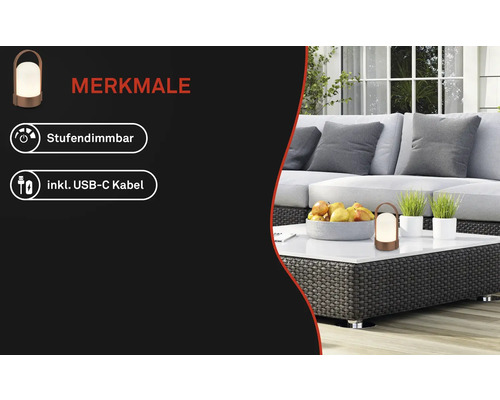 Bärbar LED-utomhuslampa på ett loungebord med funktioner för stegvis dimring och inklusive USB-C-kabel.