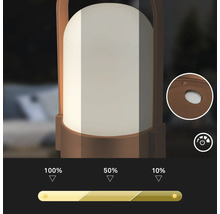Barbar LED-lampa med tre dimningsnivaer vid 100 procent, 50 procent och 10 procent ljusstyrka och detaljvy av strombrytaren.