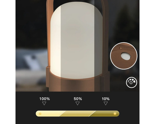 Barbar LED-lampa med tre dimningsnivaer vid 100 procent, 50 procent och 10 procent ljusstyrka och detaljvy av strombrytaren.