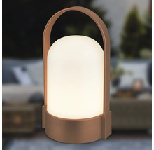 Bärbar LED-lampa för utomhusbruk med handtag, varmvitt lysande cylinder med rundad ovansida och bronsfärgat hölje.