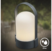 Bärbar LED-utomhuslampa med handtag och kapslingsklass IP44, lämplig för användning i regn.