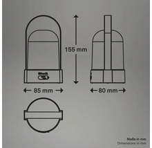 Teknisk ritning av en bärbar lampa med mått: höjd 155 millimeter, bredd 85 millimeter och djup 80 millimeter.