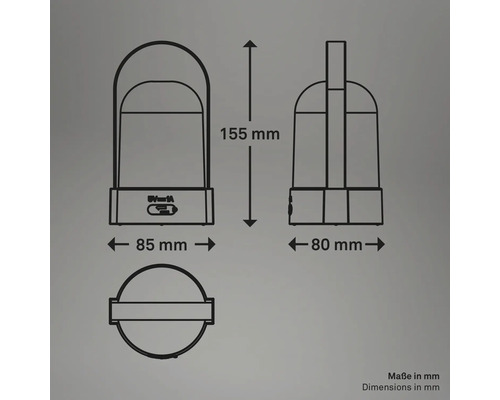 Teknisk ritning av en bärbar lampa med mått: höjd 155 millimeter, bredd 85 millimeter och djup 80 millimeter.