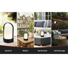 Bärbar LED-bordslampa för utomhusområden som matbord, balkong, trädgårdsbord och trädgårdslounge i olika miljöer.