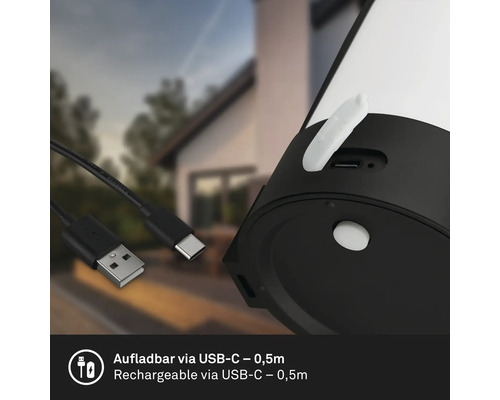 Laddningsbar lampa med USB-C-port och medföljande kabel på 0,5 meter.