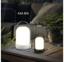 Två bärbara LED-bordslampor ASA BIG och ASA i olika storlekar på ett träbord utomhus med växter och stoppade möbler.