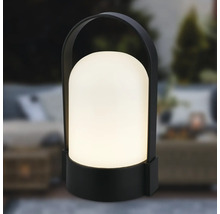 Modern bärbar utomhuslampa med svart hölje, handtag och varmvitt ljus.