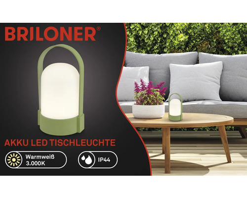 Briloner batteridriven LED-bordslampa grön för utomhusbruk, varmvitt ljus 3000 Kelvin, IP44 stänkskyddad, bärbar med handtag.