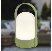 Bärbar LED-utomhuslampa i grönt med handtag och vit kupa.