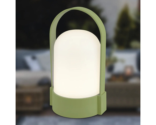 Bärbar LED-utomhuslampa i grönt med handtag och vit kupa.