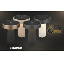 Briloner solcellsbordslampor med räfflad fot och solpanel, Briloner Logo, utmärkelse German Design Award Winner 2026.
